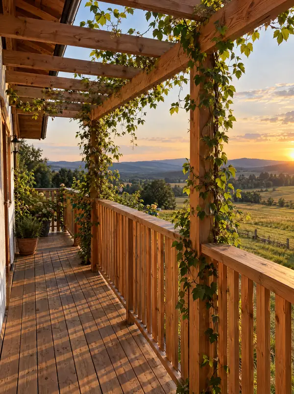 Holzbalkon mit Pergola und Kletterpflanzen über einer Landschaft im Abendlicht
