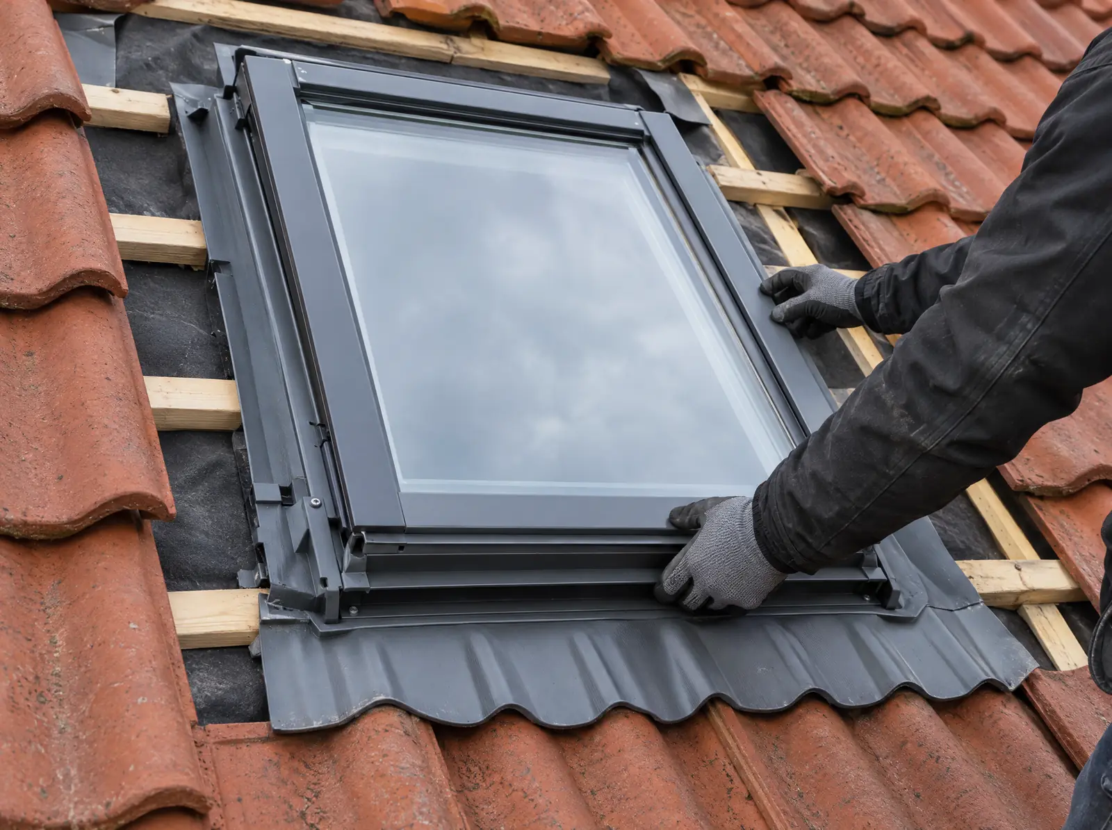 Handwerker setzt ein Dachfenster in ein rotes Ziegeldach