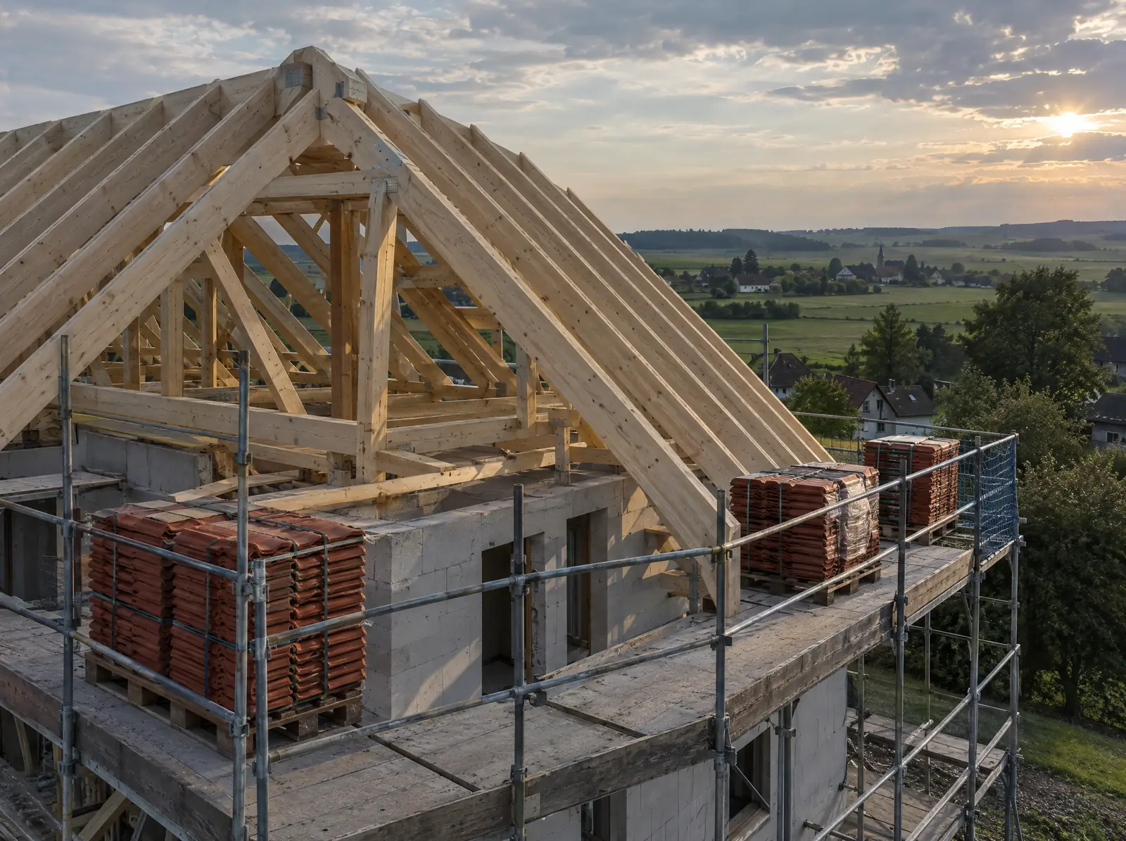 Neuer Dachstuhl aus hellem Holz auf einem Rohbau, im Hintergrund Felder