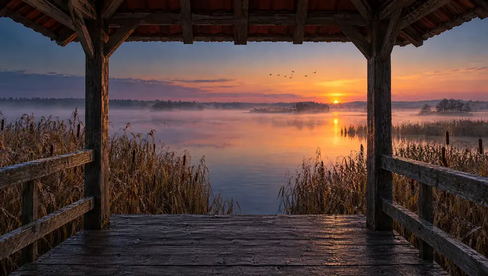Blick aus einem überdachten Holzpavillon auf einen See bei Sonnenaufgang