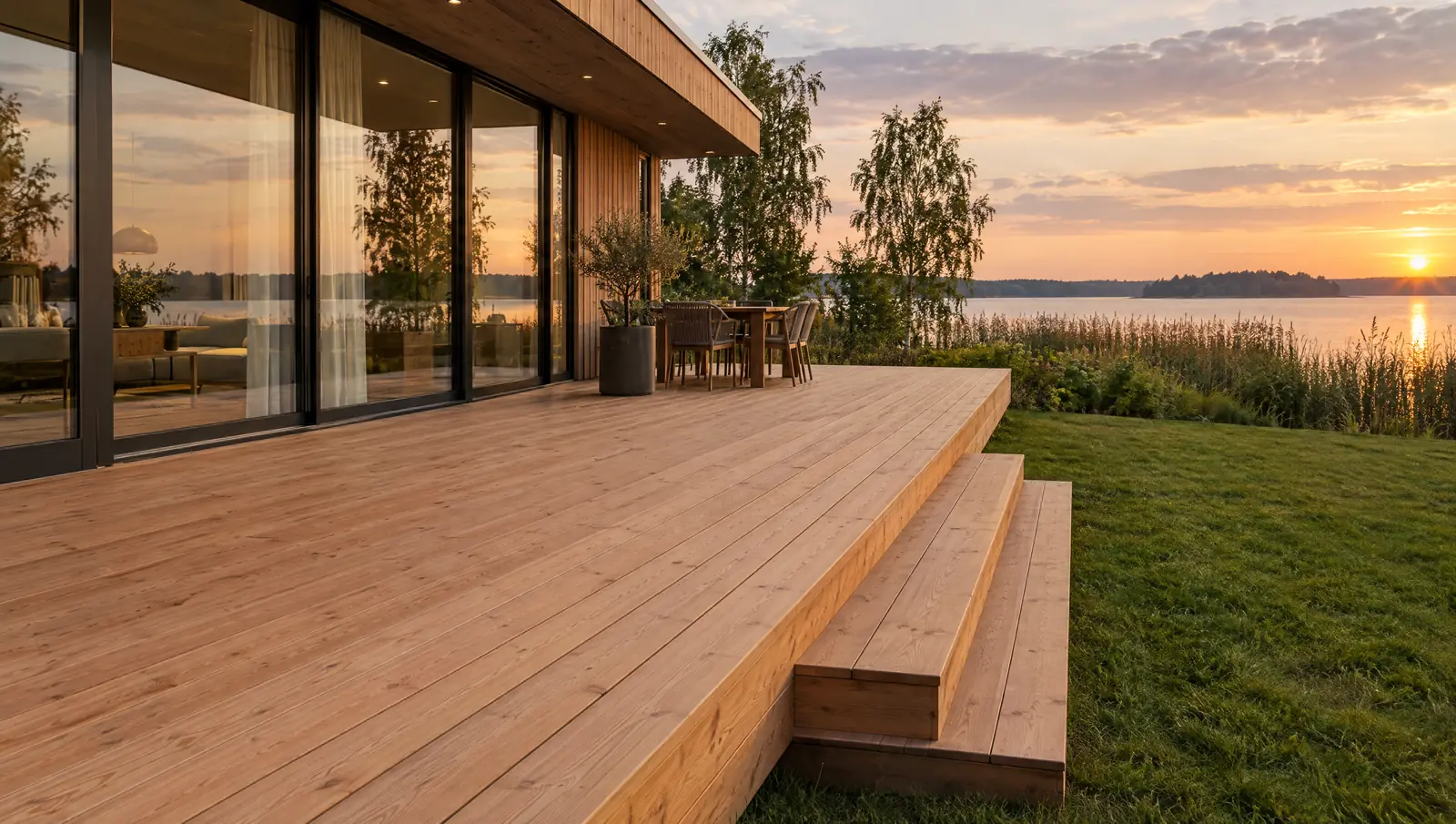 Holzterrasse mit Stufen vor einem Haus mit großen Fenstern, dahinter ein See im Abendlicht