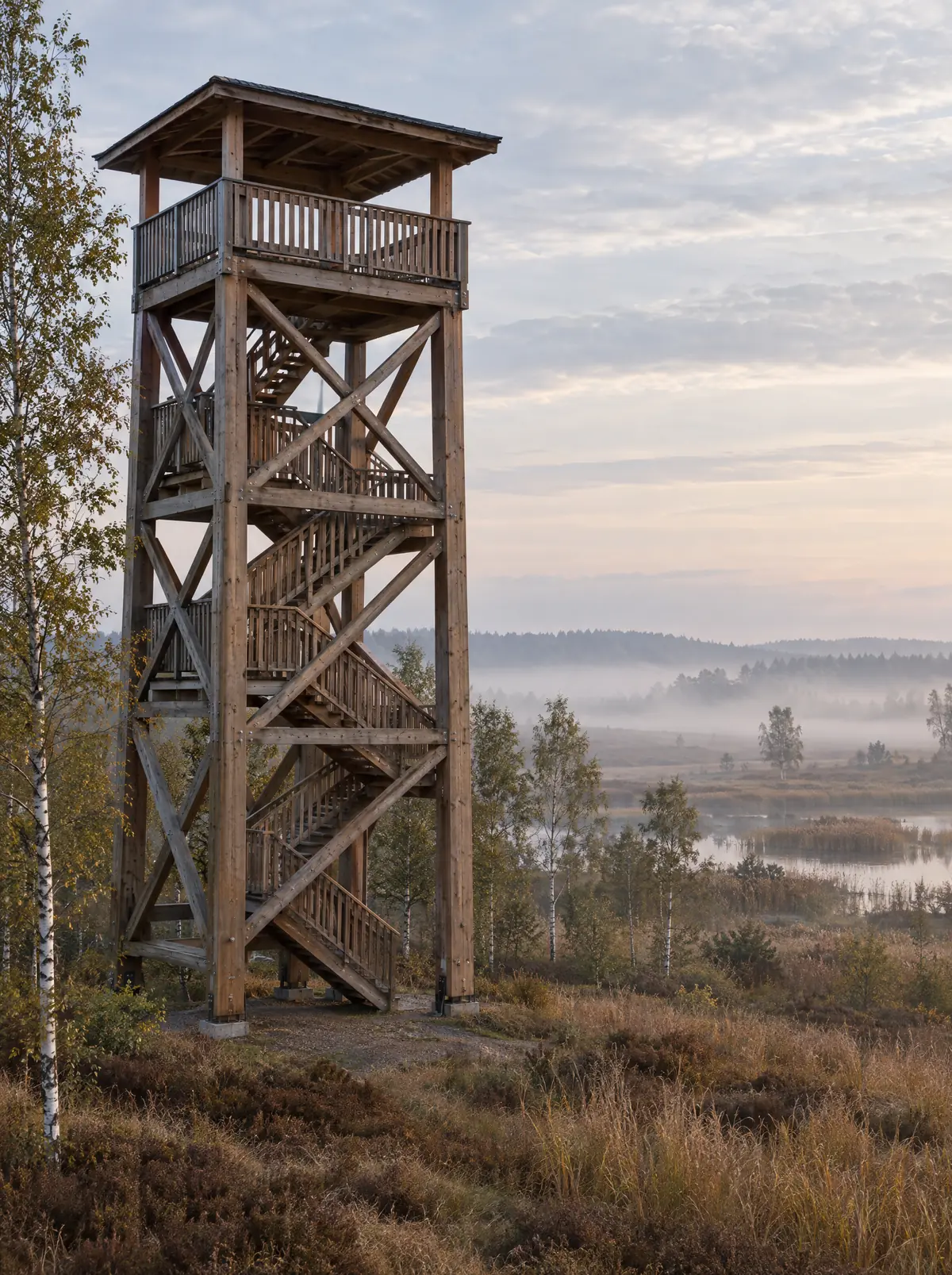 Hölzerner Aussichtsturm über einem Ried am See im Morgendunst