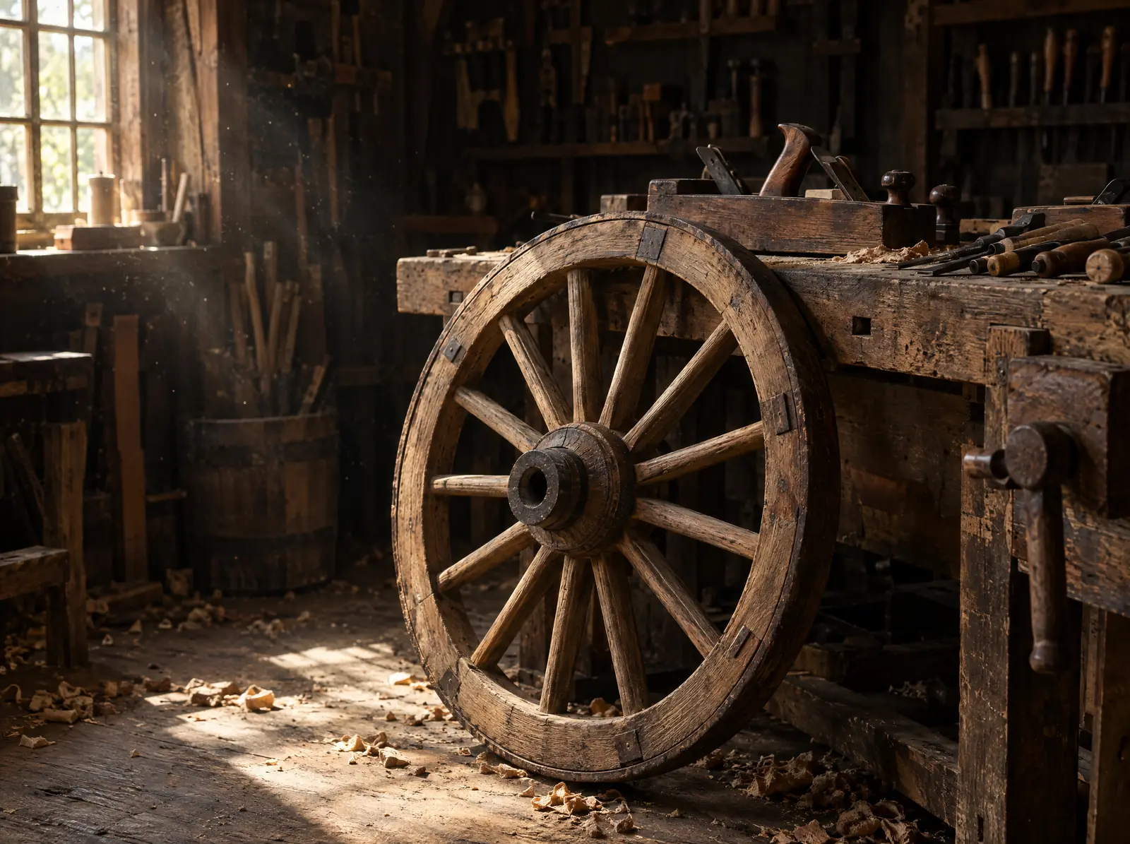 Altes hölzernes Wagenrad an einer Werkbank in einer Werkstatt mit Abendlicht